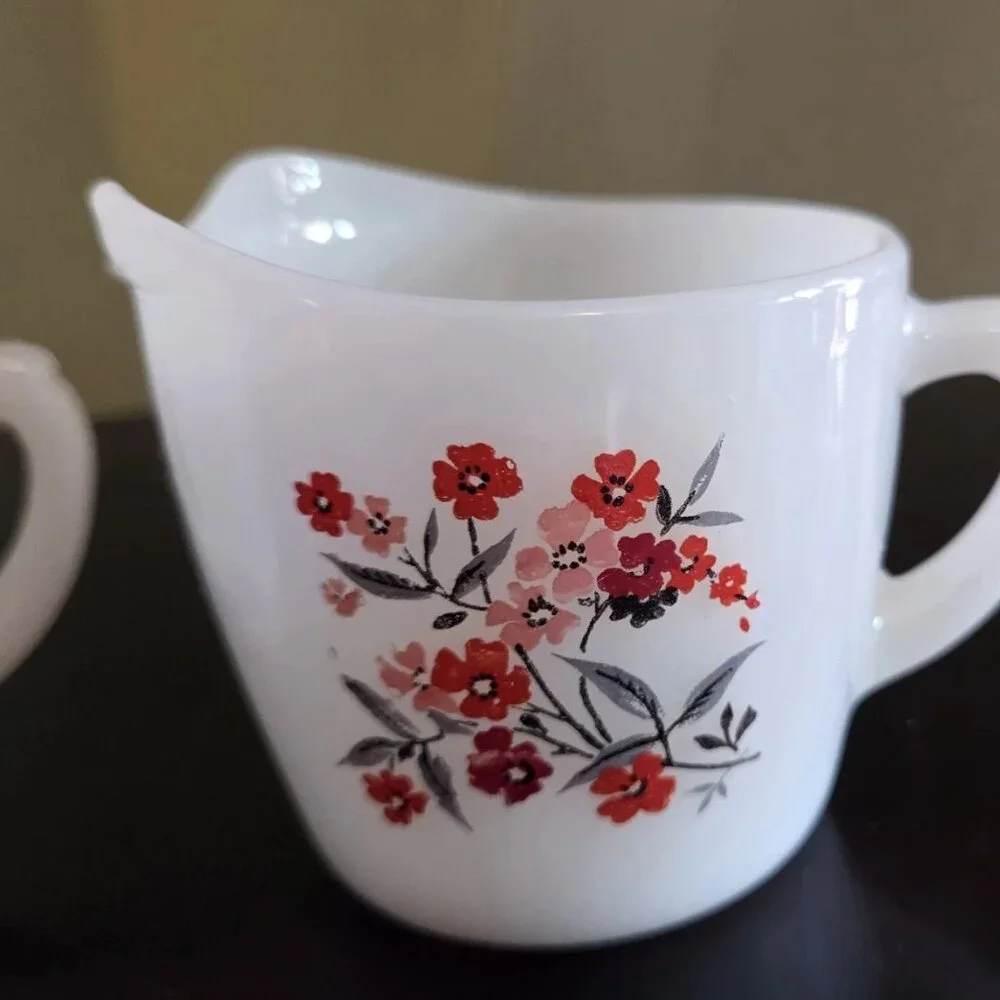 Fire King Primrose Floral Creamer & Sugar Bowl Set Milk Glass Anchor Hocking VTG